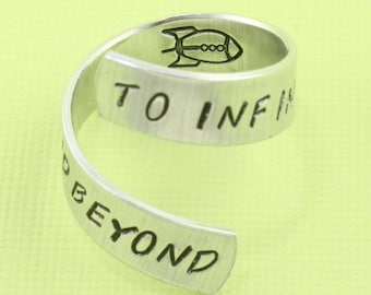 SALE - To Infinity and Beyond Wrap Ring With Rocket - Best Friends - Couples Ring - Adjustable Twist Aluminum Ring - Handstamped Ring