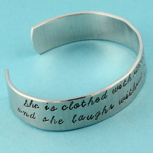 Proverbs 31:25 Bracelet She Is Clothed With Strength and Dignity Bracelet Silver Cuff Bracelet Gift for Her Christian Bracelet image 4