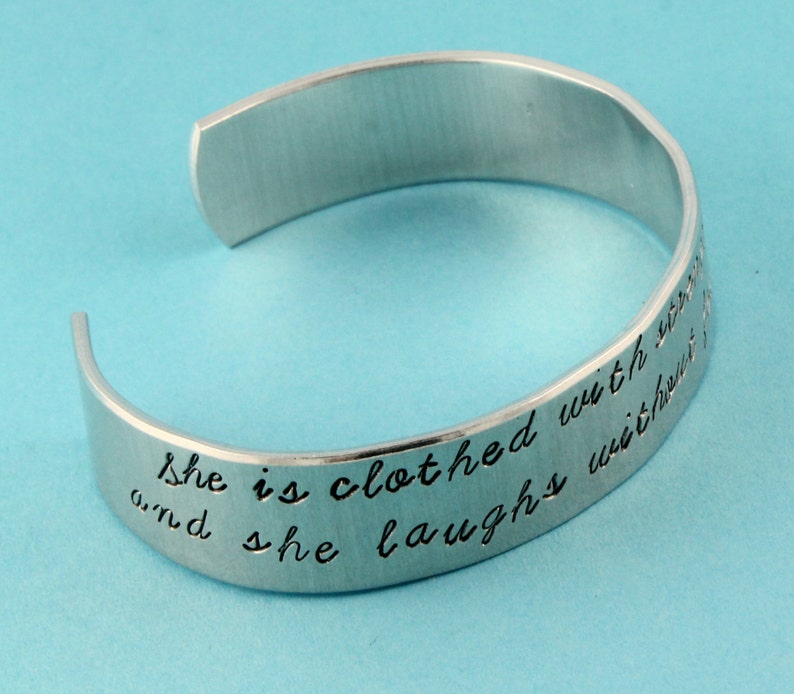 Proverbs 31:25 Bracelet She Is Clothed With Strength and Dignity Bracelet Silver Cuff Bracelet Gift for Her Christian Bracelet image 4