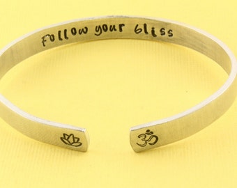 Yoga Bracelet - Ohm Bracelet - Lotus Flower Bracelet - Follow Your Bliss Bracelet - Silver Bracelet - Graduation Gift - Gift for Yoga Lover