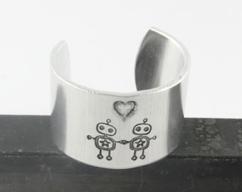 Robot Love Ring - Robot Ring - Geek Ring - Adjustable Ring - Thumb Ring - Silver Ring - Geek Love Ring - I Love You Ring - Stamped Ring