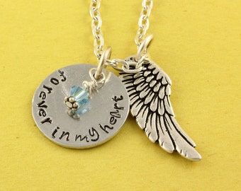 SALE - Forever In My Heart Birthstone Angel Wing Remembrance Necklace - Memorial Jewelry - Angel Baby
