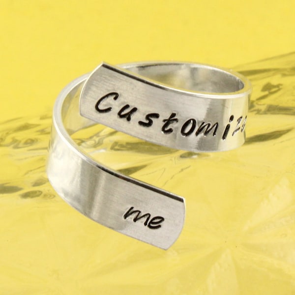 Customize Me Wrap Ring - Twist Ring - Silver Ring - Personalized Ring - Adjustable Ring - Hand Stamped Ring - Size 5 Ring - Size 6 Ring