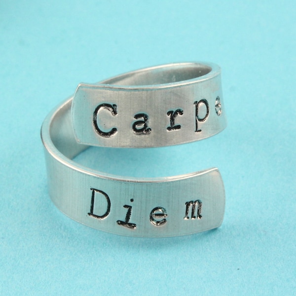 SALE - Carpe Diem Ring - Seize The Day - Adjustable Twist Aluminum Ring - Hand Stamped Ring