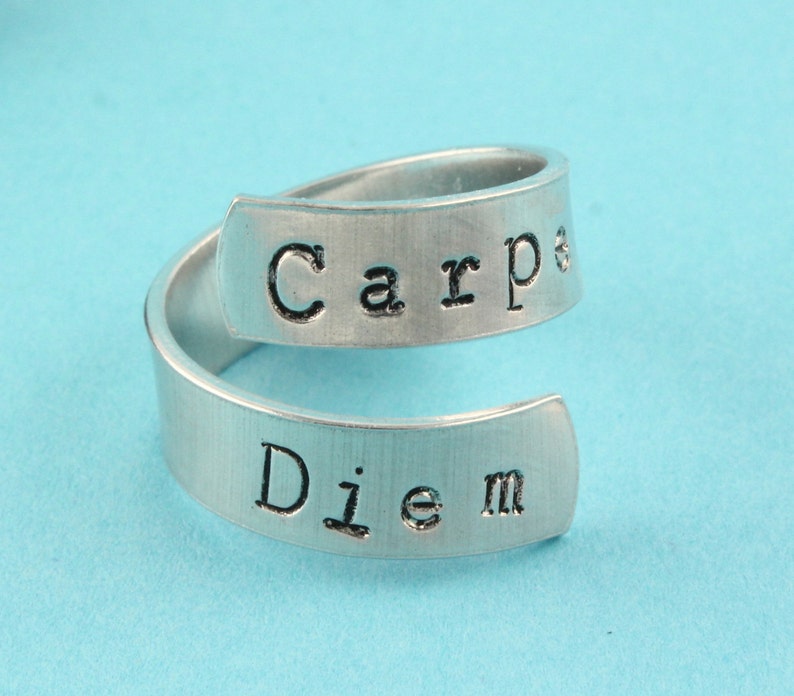 SALE Carpe Diem Ring Seize The Day Adjustable Twist Aluminum Ring Hand Stamped Ring image 1