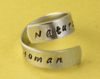 SALE - Natural Woman Wrap Twist Ring - Personalized Ring - Adjustable Aluminum Ring - Hand Stamped Ring