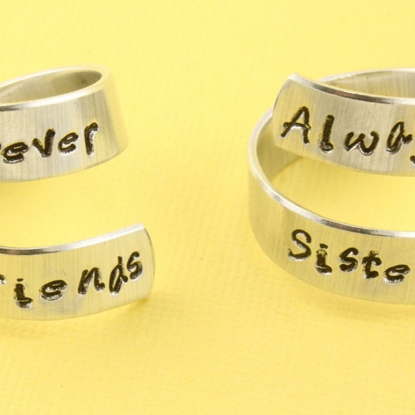 Always Sisters and Forever Friends Ring Set - Best Friends - Lil Sis - Big Sis - Adjustable Twist Wrap Aluminum Rings - Handstamped Rings
