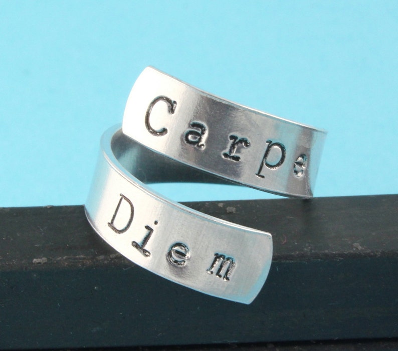 SALE Carpe Diem Ring Seize The Day Adjustable Twist Aluminum Ring Hand Stamped Ring image 3