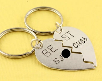 SALE - Best B.tches Hand Stamped Broken Hearts Keychains - Handstamped Best Friends Gift - BFF Heart Key Chains or Key Rings