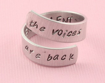 SALE - The Voices are Back - Excellent Wrap Twist Ring - Aluminum Adjustable Ring - Hand Stamped Ring