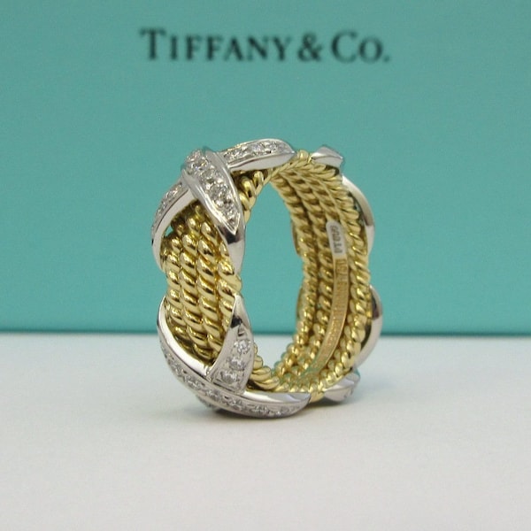 TIFFANY & Co. Schlumberger 18K Gold Platin Diamant Seil Vierreihiger X Ring 5.5