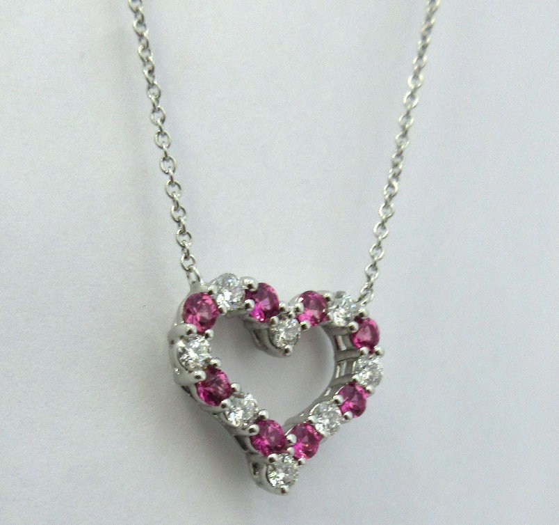 Tiffany and Co. Large Pink Sapphire and Diamond Open Heart Necklace in  Platinum