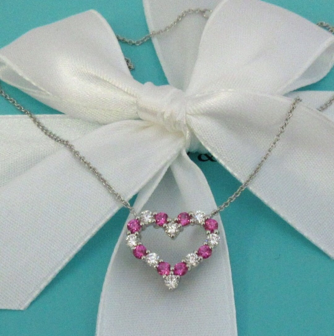 TIFFANY & Co. Platinum Diamond Pink Sapphire Heart Pendant 