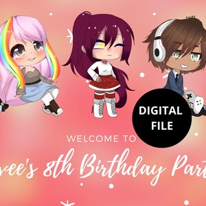 May include: A digital file for a birthday party invitation featuring three cartoon characters. The characters are a girl with rainbow hair, a girl with red hair, and a boy with brown hair wearing headphones. The text "WELCOME TO" and "Rivee's 8th Birthday Party" is written in white on a pink background.