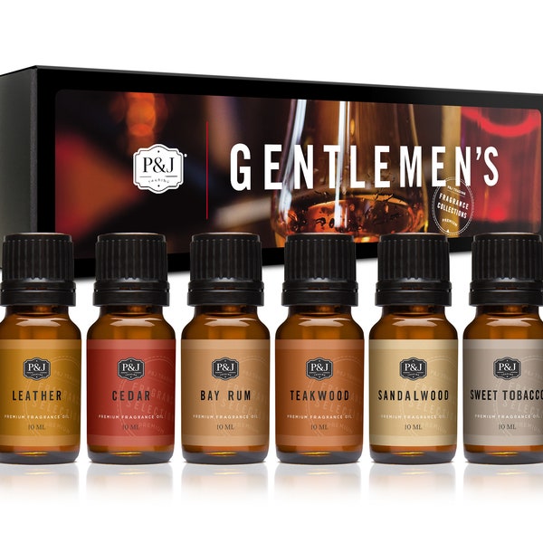 P&J Trading Gentlemen's Set of 6 Fragrance Oils -  Leather, Sweet Tobacco, Teakwood, Bay Rum, Cedar, Sandalwood