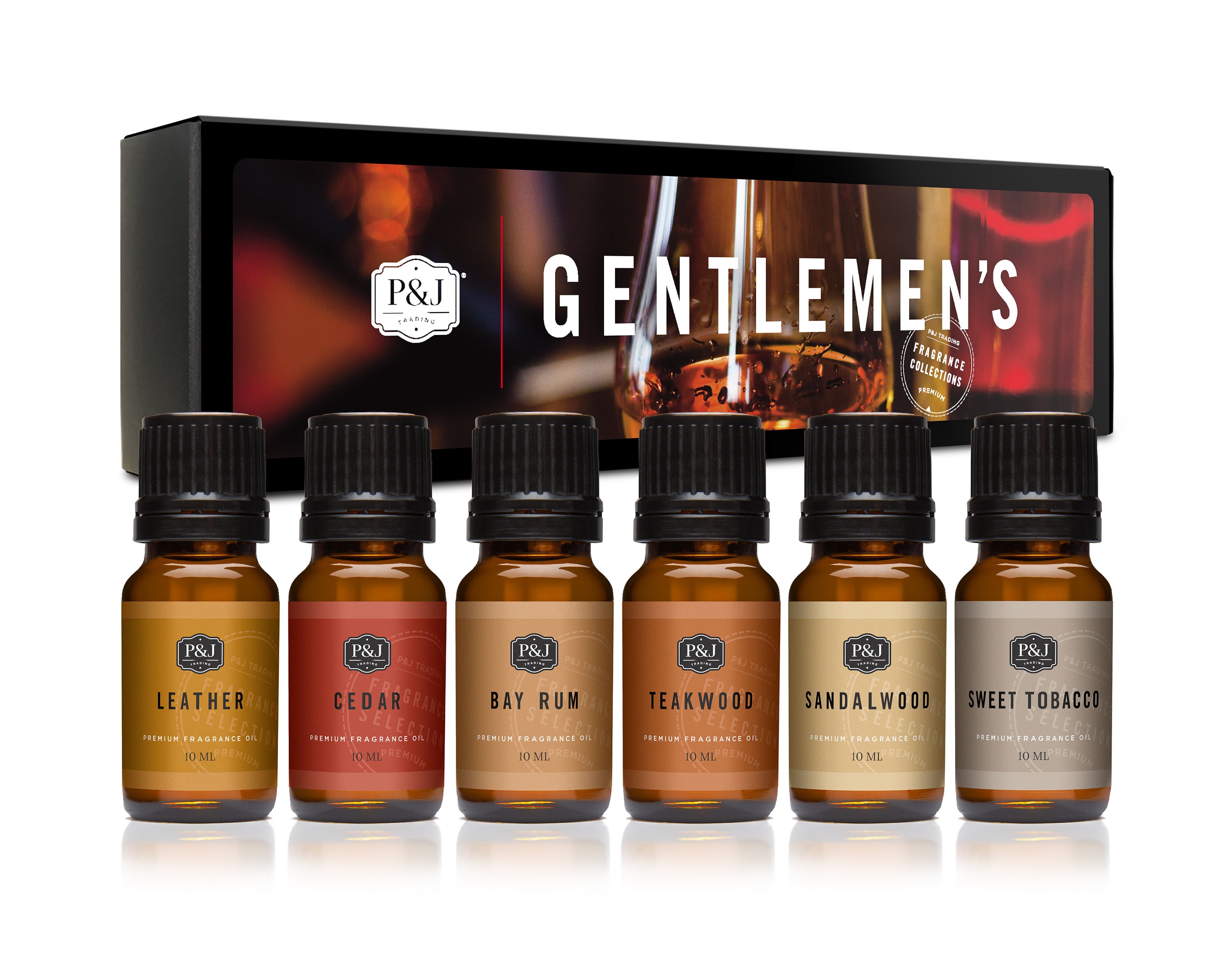 P & J Trading Gentlemen's Set of 6 Fragrance Oils - Leather, Sweet Tobacco, Teakwood, Bay Rum, Cedar, Sandalwood