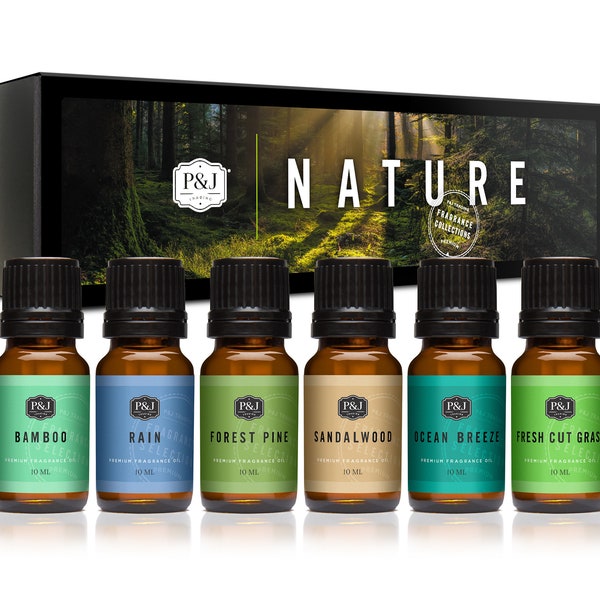 Nature Set of 6 Premium Grade Fragrance Oils - Forest Pine, Ocean Breeze, Rain, Fresh Cut Grass, Sandalwood, Bamboo - 10ml