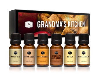 Grandma's Kitchen Set of 6 Premium Fragrance Oils - Apple Pie, Brown Sugar, Butterscotch, Chocolate Chip Cookie, Honey, Vanilla Bean - 10ml