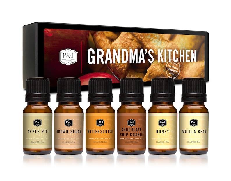 Grandma's Kitchen Set of 6 Premium Fragrance Oils - Apple Pie, Brown Sugar, Butterscotch, Chocolate Chip Cookie, Honey, Vanilla Bean - 10ml image 1