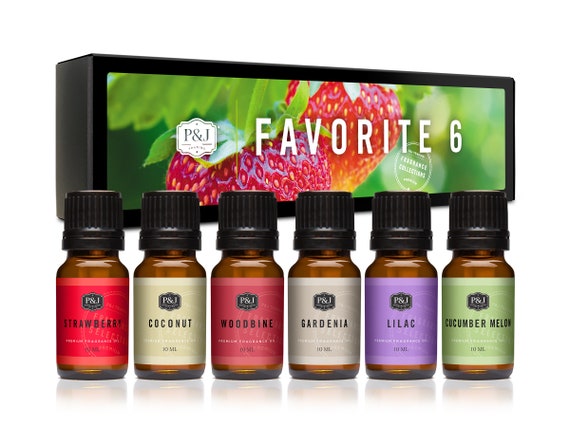 Favorites Set of 6 Premium Grade Fragrance Oils Strawberry, Lilac,  Gardenia, Coconut, Cucumber Melon, Woodbine 10ml 