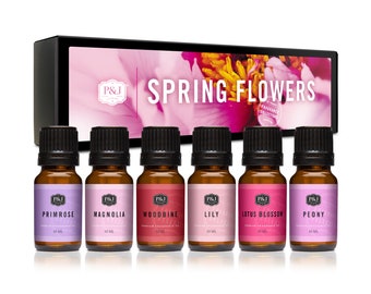 Spring Flowers Set of 6 Premium Grade Fragrance Oils - Woodbine, Lily, Lotus Blossom, Magnolia, Peony, Primrose - 10ml