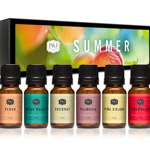 Summer Set of 6 Premium Grade Fragrance Oils - Peach, Strawberry, Plumeria, Coconut, Ocean Breeze, Pina Colada - 10ml