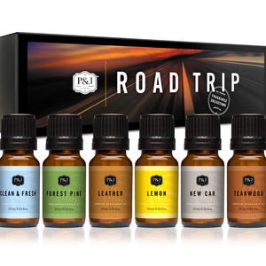 P&J Trading Road Trip Premium Car Fragrance Oil Set – Clean Fresh, Forest Pine, Leather, Lemon, New Car, Teakwood – Fun For Car Diffusers
