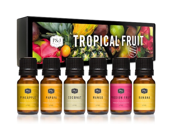 P&J Trading Tropical Fruit Set of 6 Premium Grade Fragrance Oils Pineapple,  Papaya, Coconut, Mango, Passion Fruit, Banana 10ml 