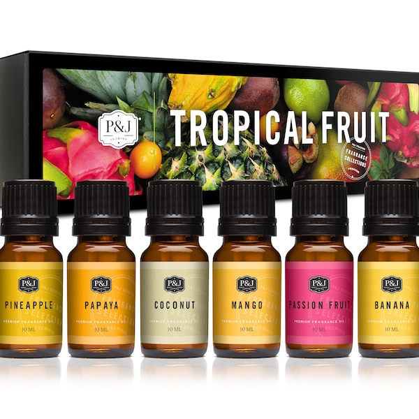 P&J Trading Tropical Fruit Set of 6 Premium Grade Fragrance Oils - Pineapple, Papaya, Coconut, Mango, Passion Fruit, Banana - 10ml