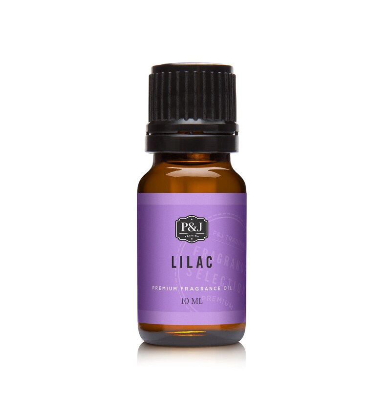 May include: A 10 ml bottle of lilac scented fragrance oil. The bottle is amber glass with a black cap. The label is purple with white text that reads "P&J Fragrance Selection, Lilac, Premium Fragrance Oil, 10 ml".