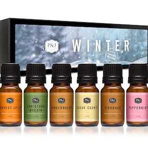 Winter Set of 6 Premium Grade Fragrance Oils - Cinnamon, Gingerbread, Sugar Cookies, Harvest Spice, Peppermint, Christmas Wreath - 10ml