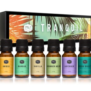 Tranquil Set of 6 Premium Grade Fragrance Oils - Vanilla, Cucumber Melon, Lavender, Amber, Bamboo, Ocean Breeze