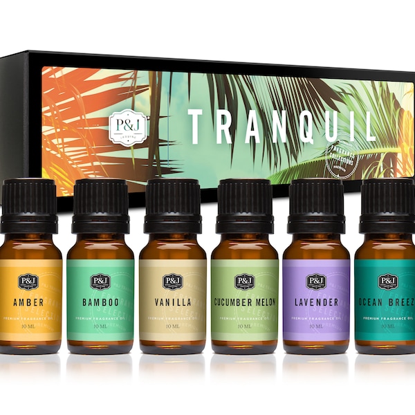 Tranquil Set of 6 Premium Grade Fragrance Oils - Vanilla, Cucumber Melon, Lavender, Amber, Bamboo, Ocean Breeze