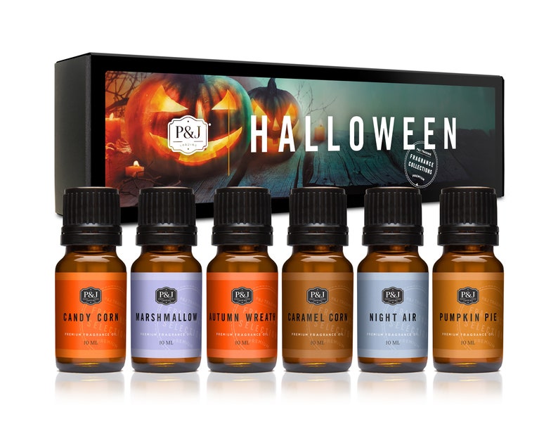 Halloween Set of 6 Premium Grade Fragrance Oil - Autumn Wreath, Pumpkin Pie, Candy Corn, Marshmallow, Night Air, and Caramel Corn - 10ml 