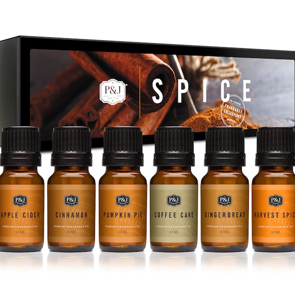 Spice Set of 6 premium Grade Fragrance Oils - Apple Cider, Cinnamon, Coffee Cake, Gingerbread, Harvest Spice, Pumpkin Pie - 10ml