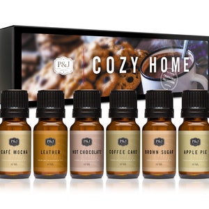 Cozy Home Set of 6 Premium Grade Fragrance Oils - Brown Sugar, Apple Pie, Coffee Cake, Café Mocha, Leather, Hot Chocolate - 10ml