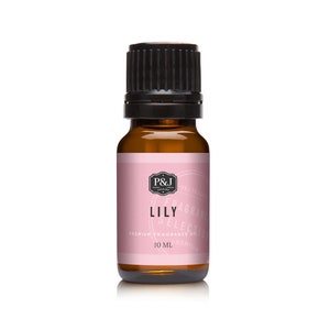 May include: A 10 ml amber glass bottle of Lily fragrance oil. The bottle has a black cap and a white label with the text "P&J Fragrance Selection Lily Premium Fragrance Oil 10 ml".
