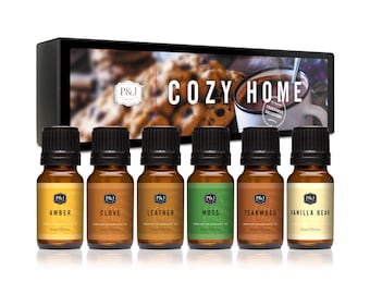 Cozy Home Set of 6 Premium Grade Fragrance Oils - Amber, Clove, Leather, Moss, Teakwood, Vanilla Bean - 10ml