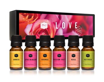 Love Set of 6 Premium Grade Fragrance Oils - Amber, Lotus Blossom, Orange, Passion Fruit, Rose, Vetiver - 10ml