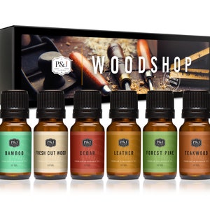 Woodshop Set of 6 Premium Grade Fragrance Oils - Forest Pine, Fresh Cut Wood, Leather, Teakwood, Bamboo, and Cedar - 10ml