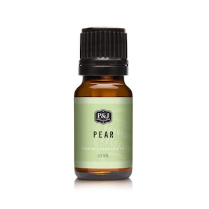 May include: A brown glass bottle with a black cap, containing a pear-scented fragrance oil. The label is green and white with the text "P&J Fragrance Selections" and "Pear Premium Fragrance Oil 10 ML".