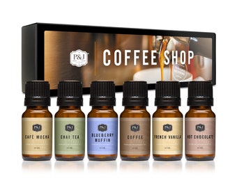 Coffee Shop Set of 6 Premium Grade Fragrance Oil - Coffee, Cafe Mocha, Chai Tea, Hot Chocolate, Blueberry Muffin, French Vanilla - 10ml