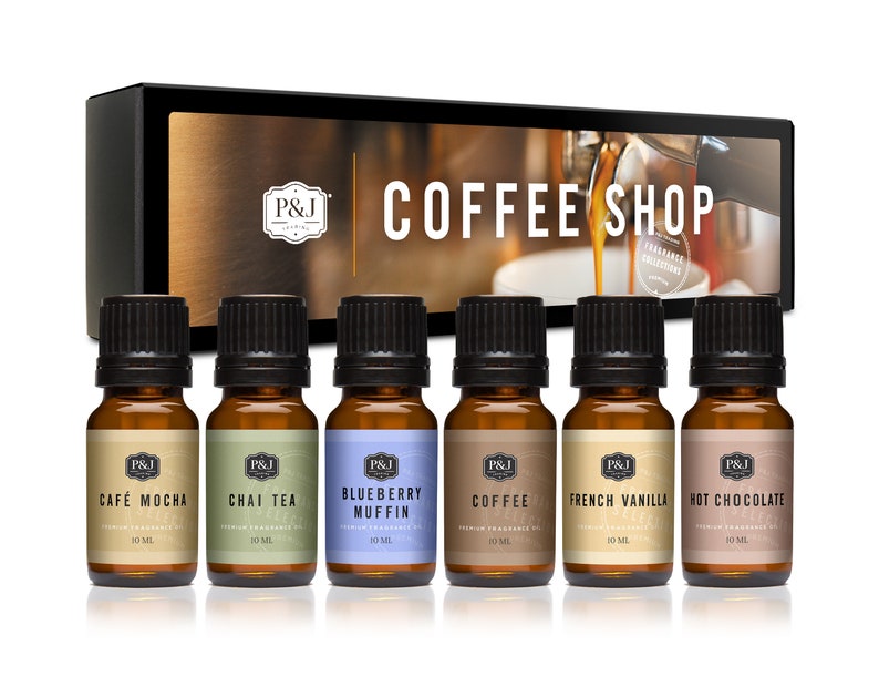 Coffee Shop Set of 6 Premium Grade Fragrance Oil - Coffee, Cafe Mocha, Chai Tea, Hot Chocolate, Blueberry Muffin, French Vanilla - 10ml 