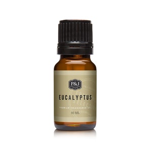May include: A brown glass bottle with a black cap containing Eucalyptus essential oil. The label is beige with black text that reads "P&J Trading, Eucalyptus Selection, Premium Fragrance Oil, 10 ml".