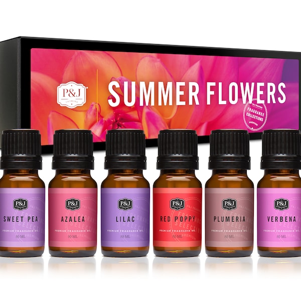 Summer Flowers Set of 6 Premium Grade Fragrance Oils - Azalea, Lilac, Red Poppy, Verbena, Sweet Pea, Plumeria - 10ml