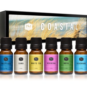 P&J Trading Coastal Set of 6 Premium Grade Fragrance Oils - Salty Sea, Sand, White Tea, Verbena, Moss, and Seashore - 10ml