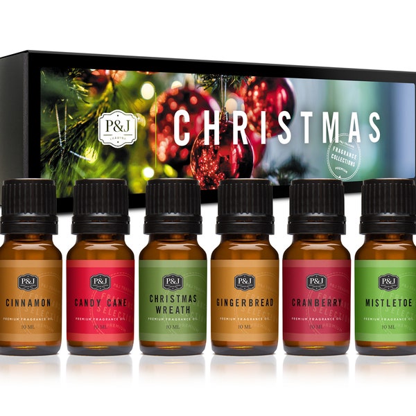 P&J Trading Christmas Set of 6 Fragrance Oils - Christmas Wreath, Mistletoe, Candy Cane, Gingerbread, Cinnamon, and Cranberry