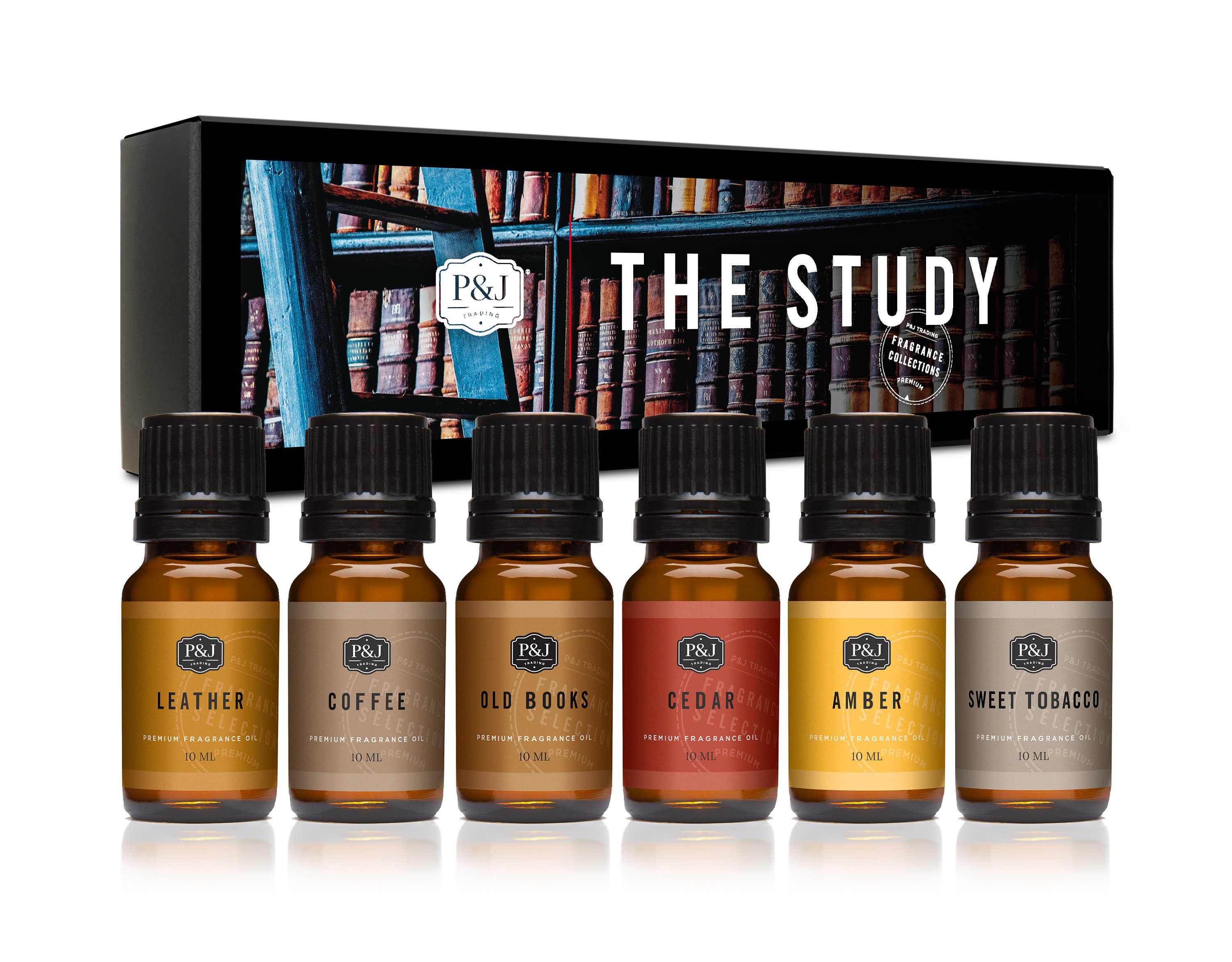 P&J Trading The Study Set of 6 Premium Grade Fragrance Oils - Leather,  Coffee, Old Books, Cedar, Amber, Sweet Tobacco - 10ml