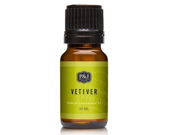 May include: A 10 ml amber glass bottle of Vetiver essential oil. The bottle has a black cap and a yellow label with the text "P&J Trading" and "Vetiver Fragrance Selection Premium 10 ml".