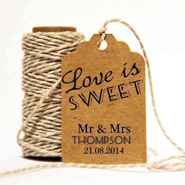 Personalised vintage style wedding favor Love is sweet candy buffet Mr and Mrs kraft card favour thank you gift tag 12 pack